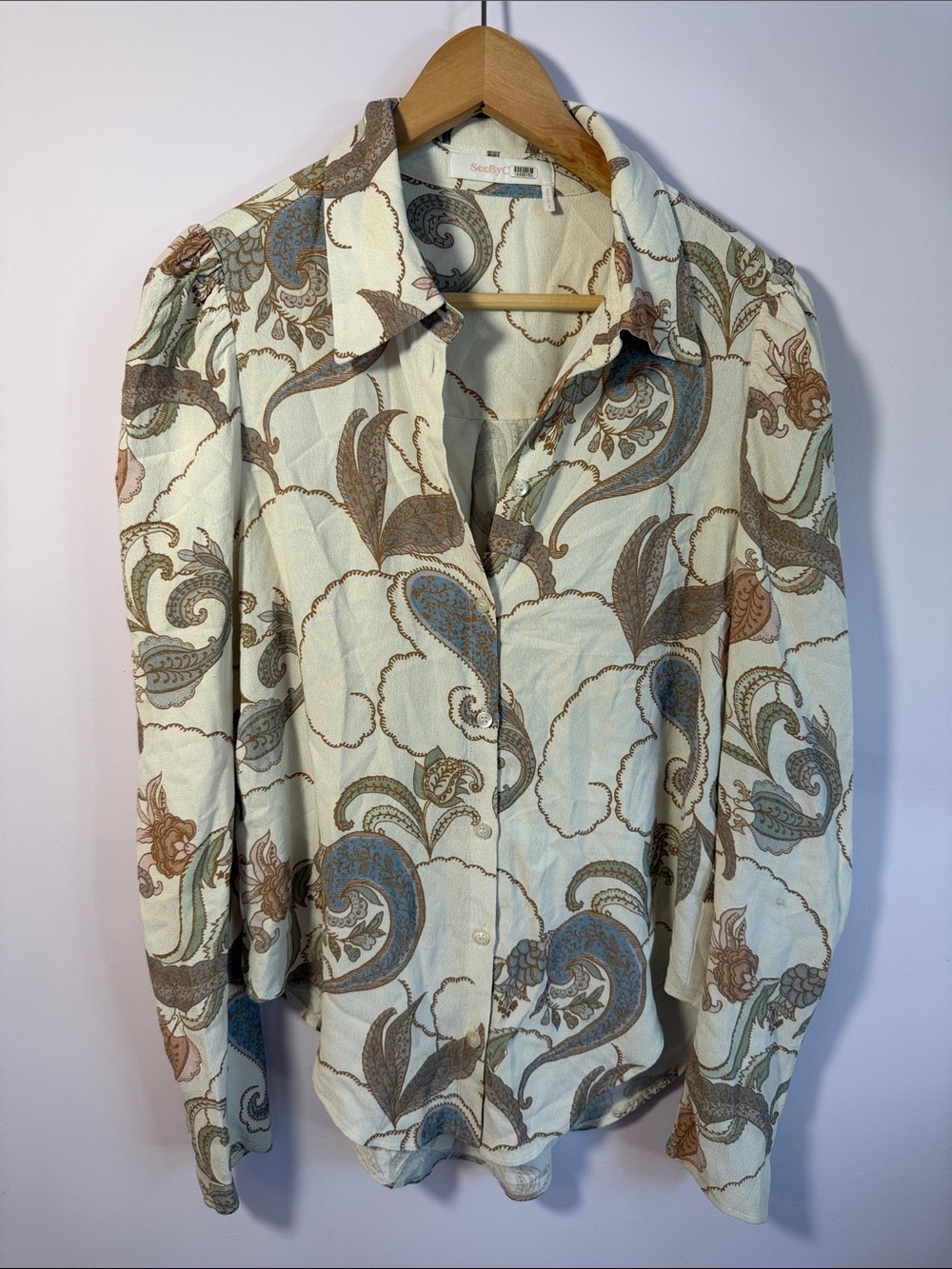 See By Chloé Cream Paisley Print Button-Up Blouse with Blue and Tan Accents